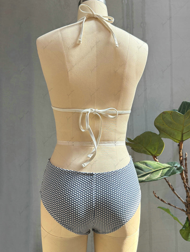 Deep Blue Polka Dot Print Triangle Push Up Top & Cheeky Boyshort Bikini Set