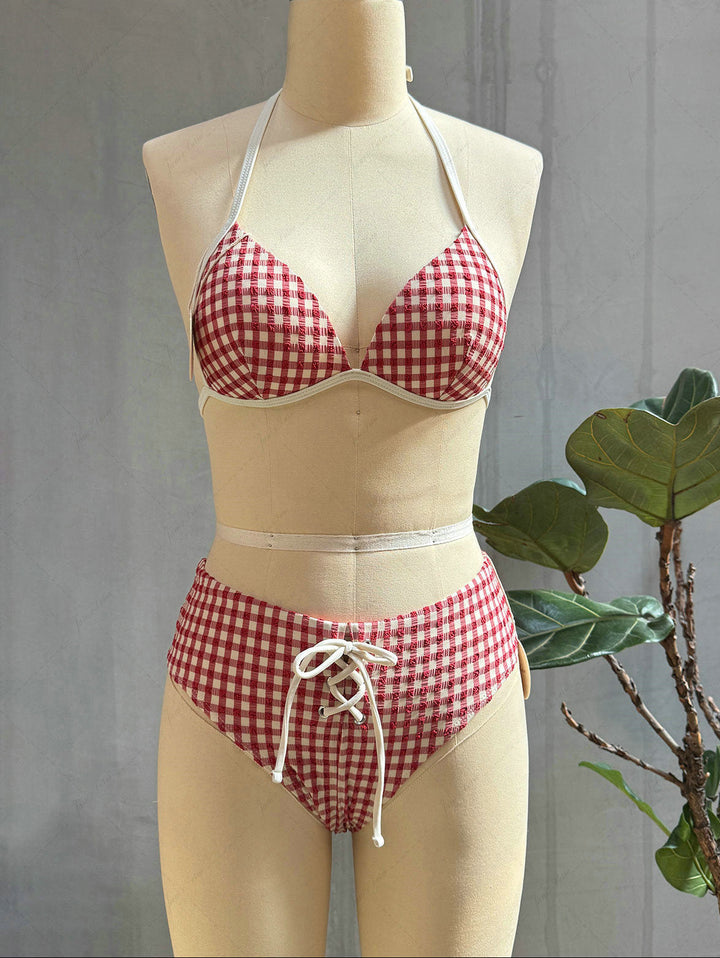 Pomegranate Red Gingham Halter Triangle Push Up Bikini Set