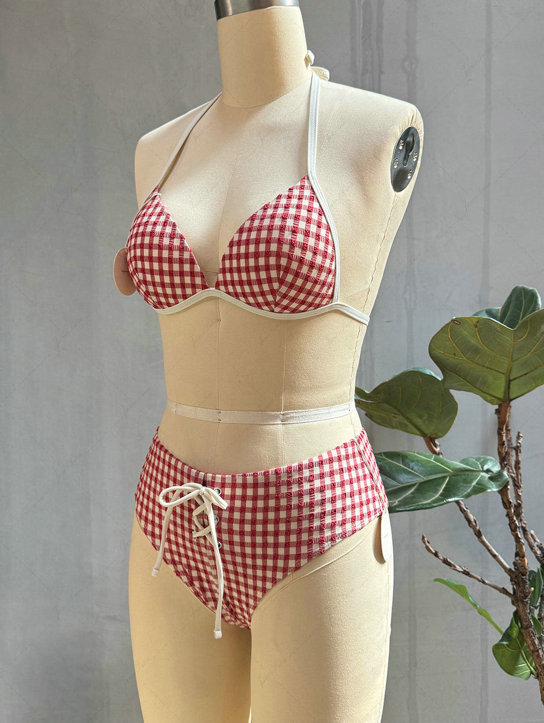 Pomegranate Red Gingham Halter Triangle Push Up Bikini Set