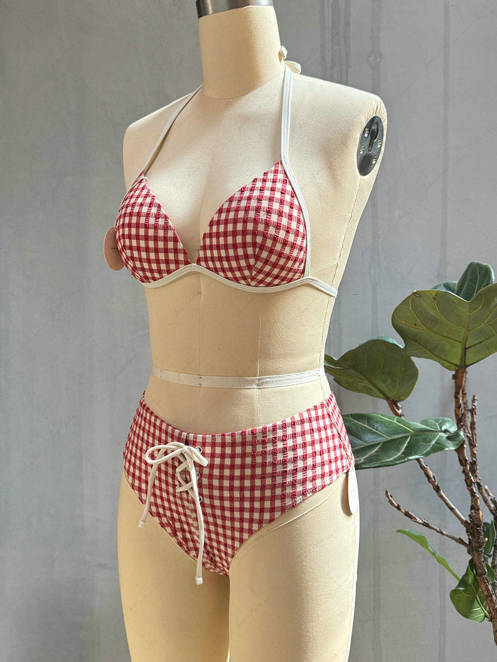Pomegranate Red Gingham Halter Triangle Push Up Bikini Set