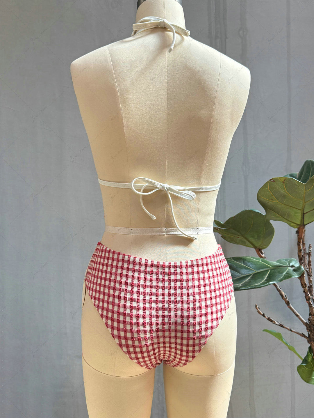 Pomegranate Red Gingham Halter Triangle Push Up Bikini Set