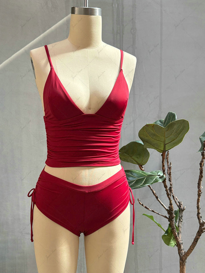 Red Wine Solid Color Ruched Plunging Neck Cinched Cheeky Boyshorts Tankini Set