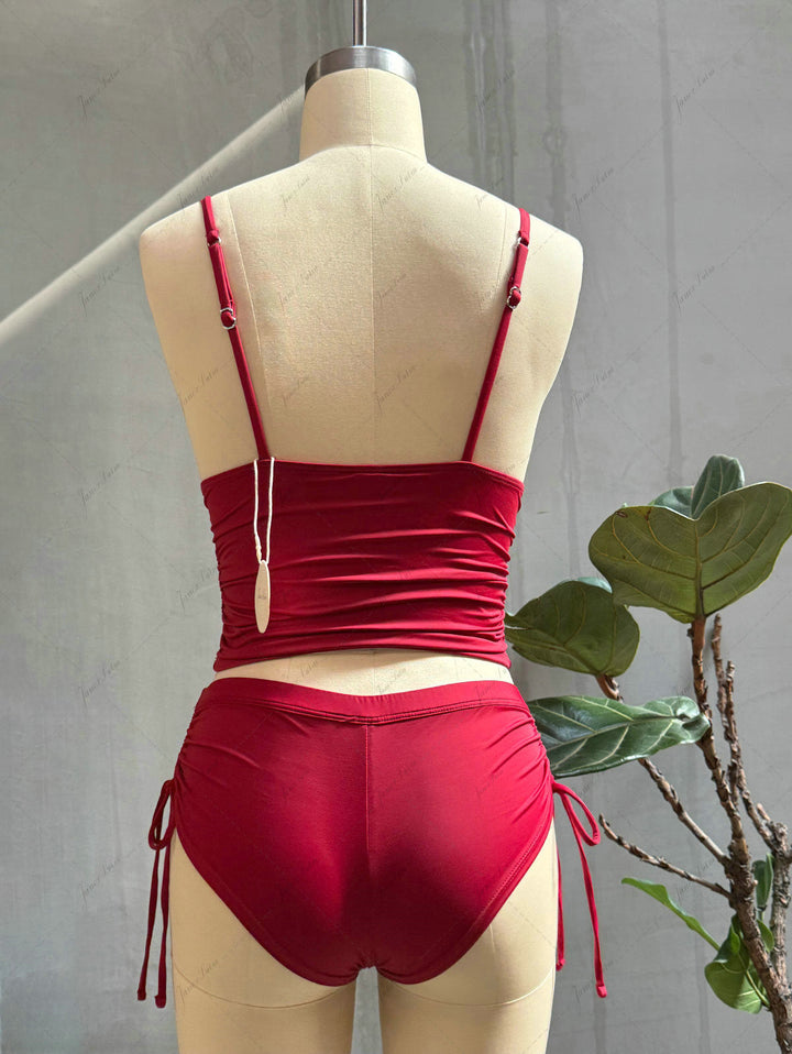 Red Wine Solid Color Ruched Plunging Neck Cinched Cheeky Boyshorts Tankini Set