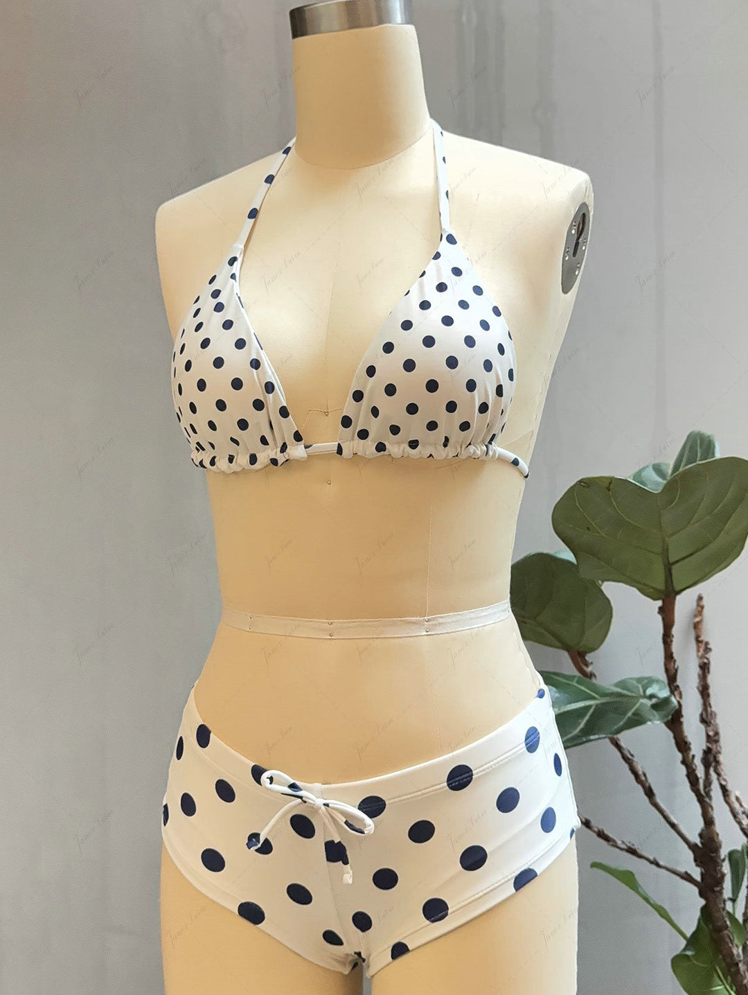 Crystal Cream Vintage Polka Dot Reversible Halter Triangle Bikini Set