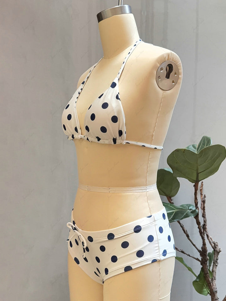 Crystal Cream Vintage Polka Dot Reversible Halter Triangle Bikini Set