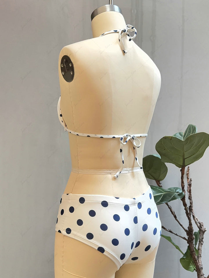 Crystal Cream Vintage Polka Dot Reversible Halter Triangle Bikini Set