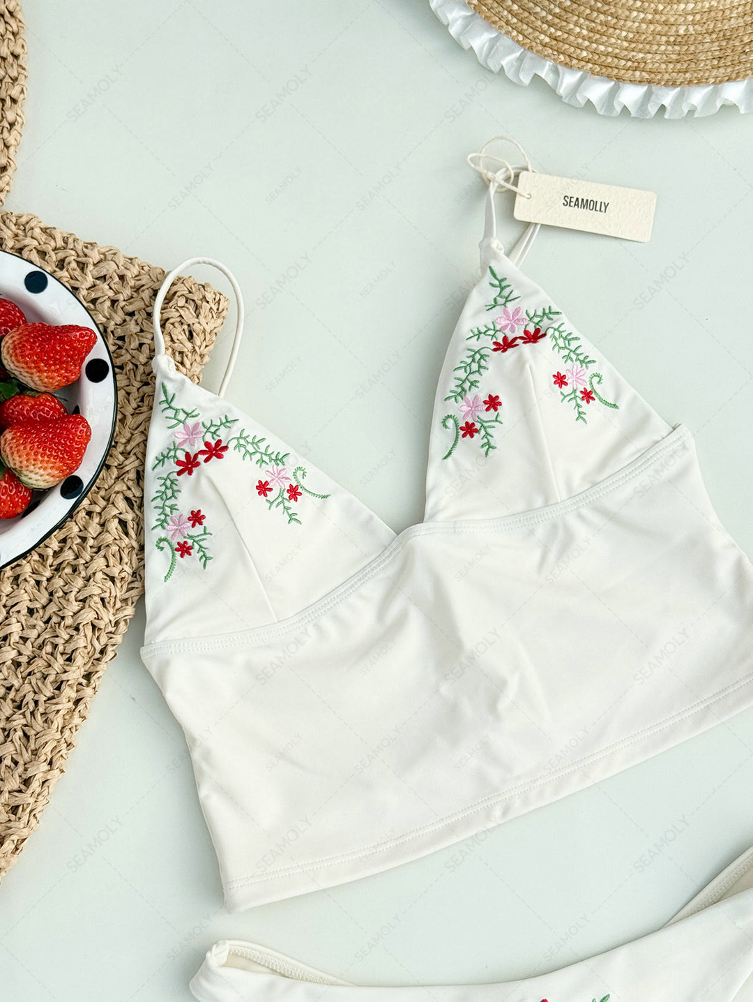 Seamolly Floral Embroidered Cami Tank Top & Brazilian Bottom Tankini Set