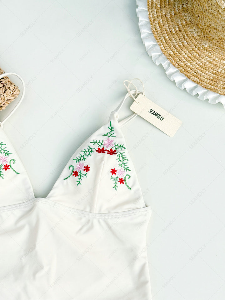 Seamolly Floral Embroidered Cami Tank Top & Brazilian Bottom Tankini Set