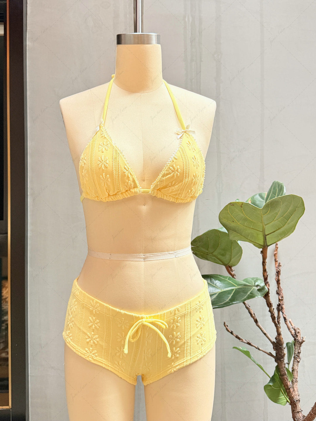 Janex Yellow Floral Jacquard Textured Lace Bowknot Triangle Bikini Set