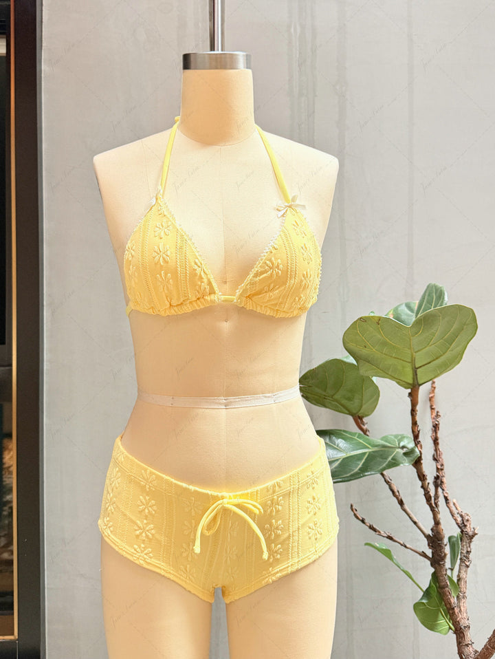 Janex Yellow Floral Jacquard Textured Lace Bowknot Triangle Bikini Set