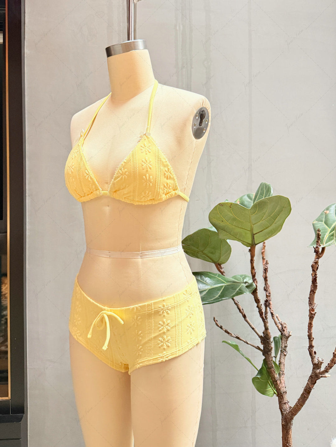 Janex Yellow Floral Jacquard Textured Lace Bowknot Triangle Bikini Set