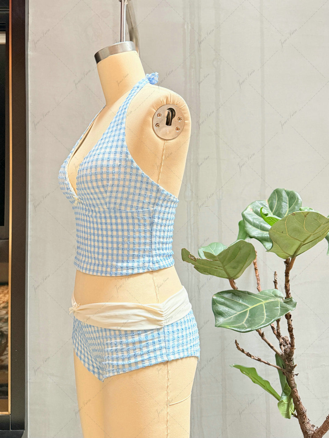 Light Blue Grid Textured Plunging Neck Halter Foldover Cheeky Boyshorts Tankini Set