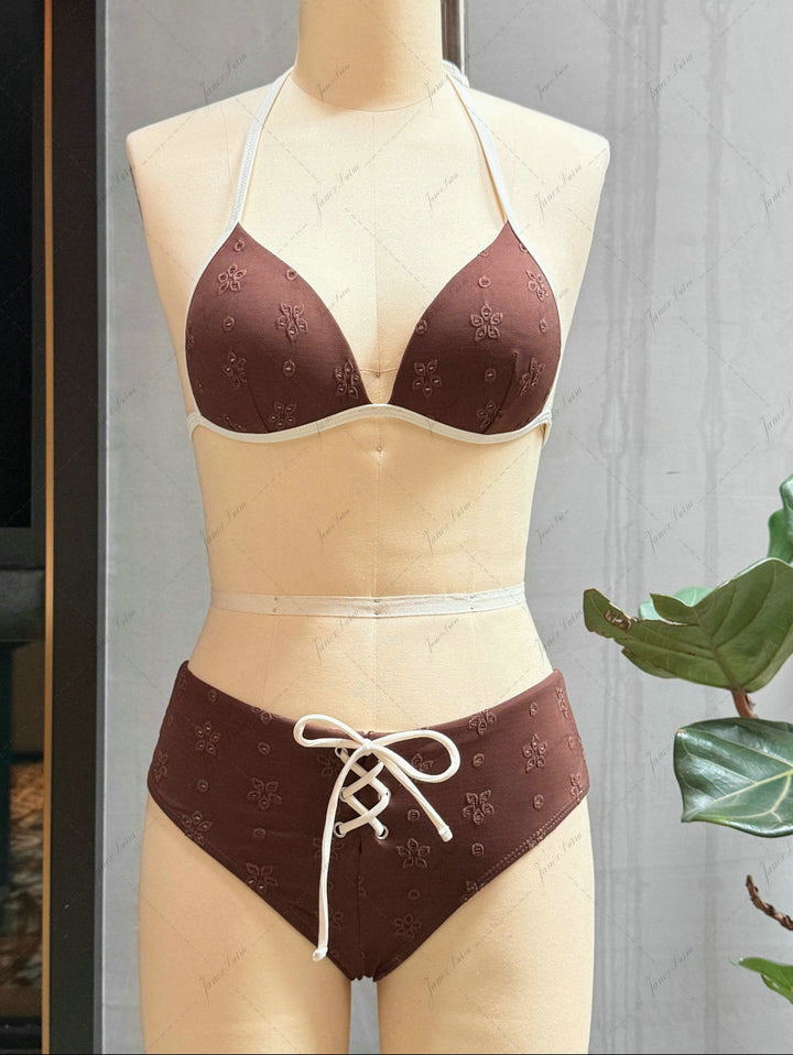 Deep Coffee Recycled Fabric Eyelet Jacquard Push Up Bikini Set