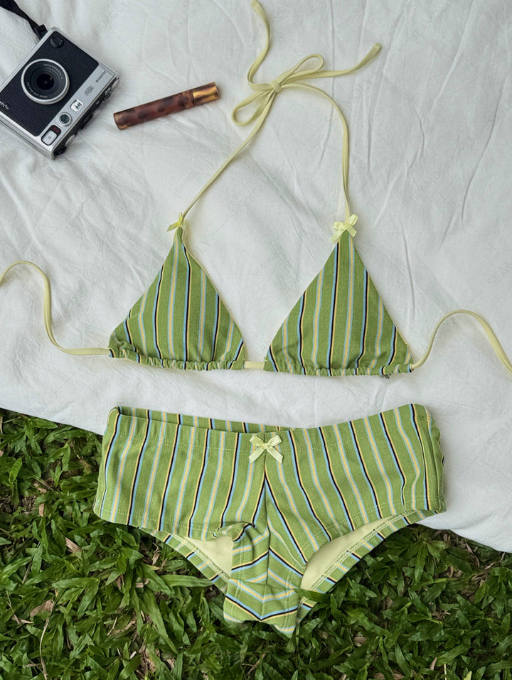 Seamolly Striped Bowknot Halter Triangle Cheeky Boyshorts Bikini Set