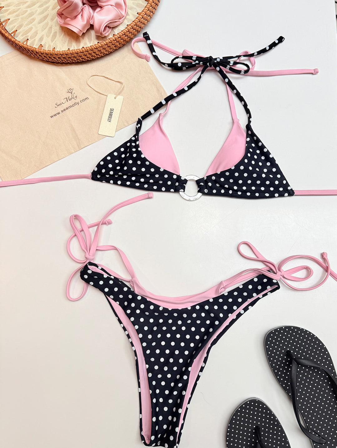 Seamolly Contrast Color Polka Dot Print O Ring Double Layer Bikini Set