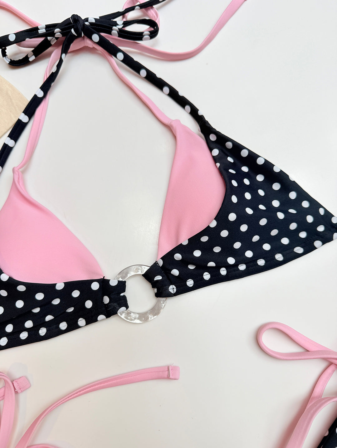 Seamolly Contrast Color Polka Dot Print O Ring Double Layer Bikini Set