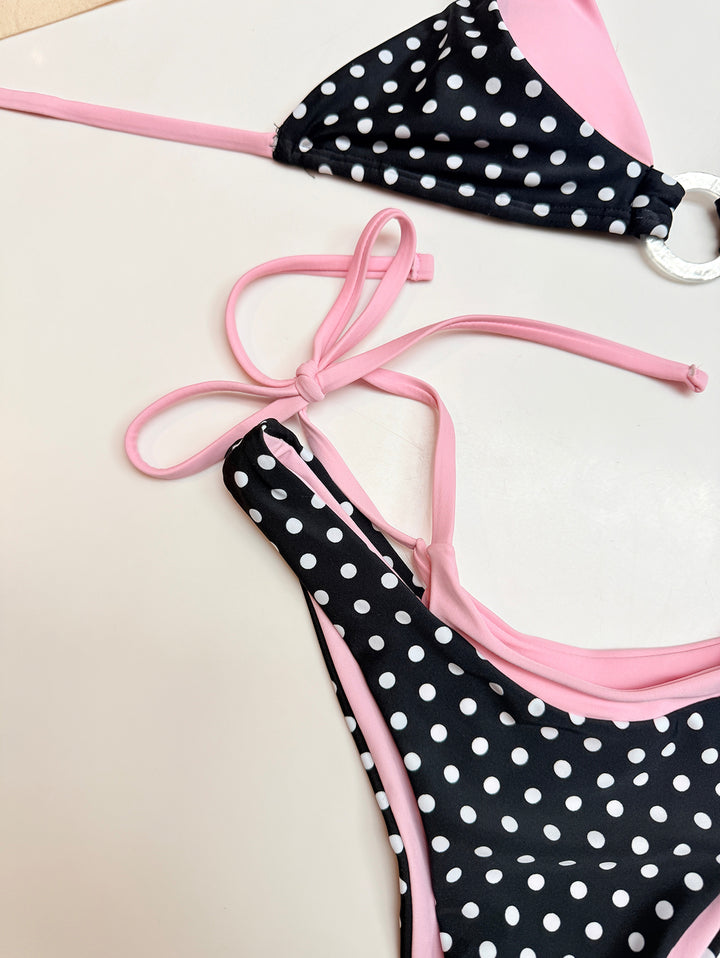 Seamolly Contrast Color Polka Dot Print O Ring Double Layer Bikini Set