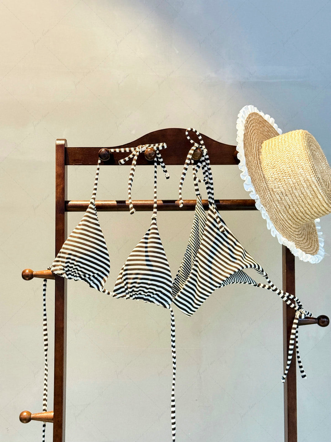 Brown Knit Striped Halter Triangle String Reversible Bikini Set
