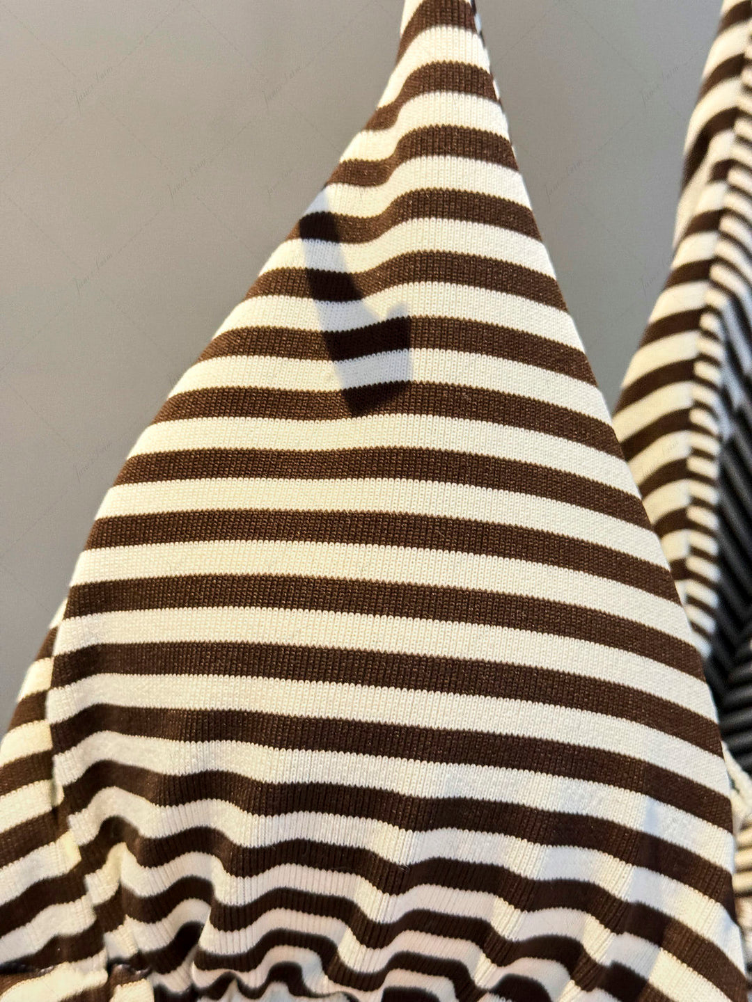 Brown Knit Striped Halter Triangle String Reversible Bikini Set