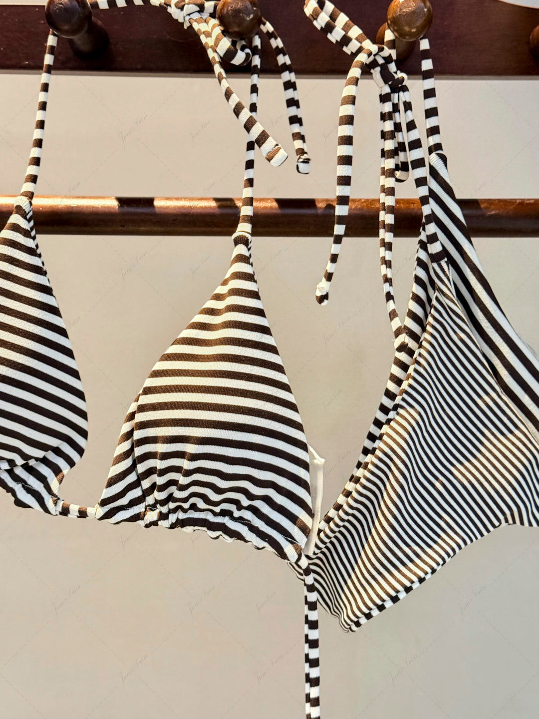 Brown Knit Striped Halter Triangle String Reversible Bikini Set
