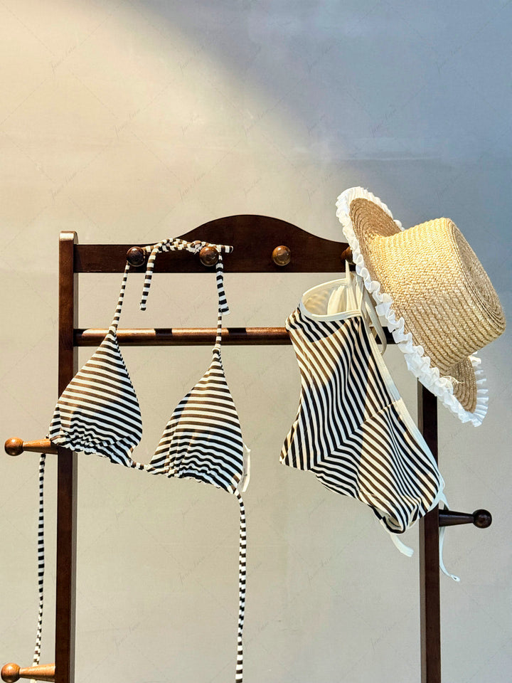 Brown Striped Cutout Tie Side Bikini Bottom Cheeky Swim Boyshorts