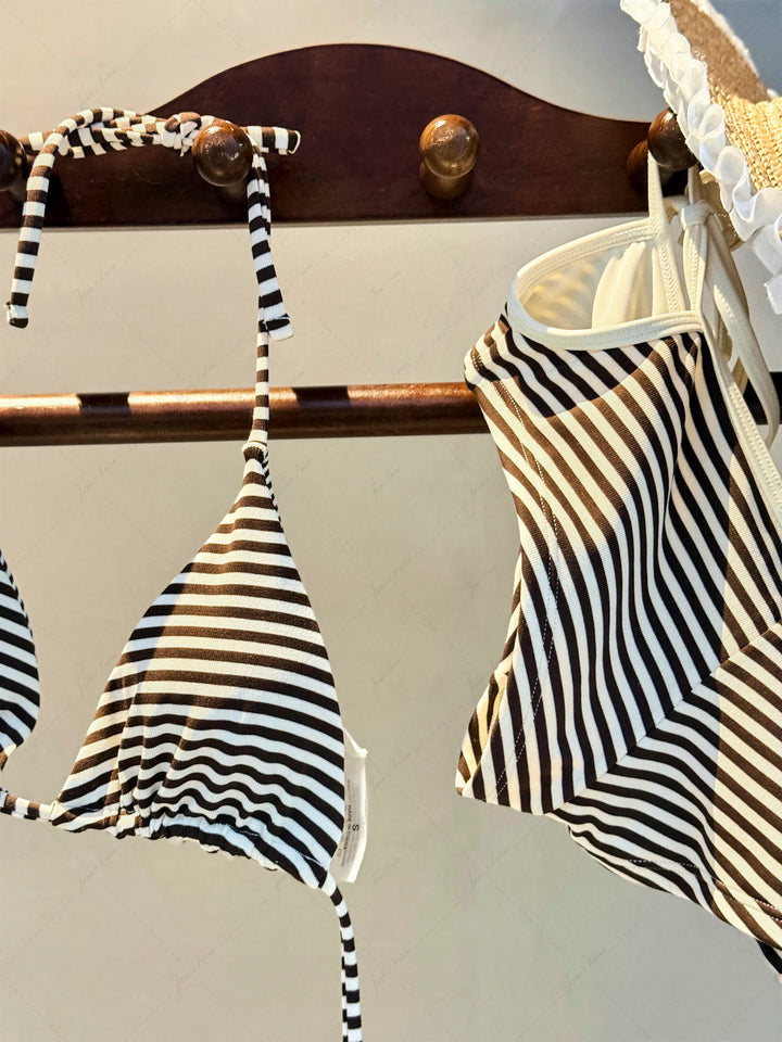 Brown Striped Cutout Tie Side Bikini Bottom Cheeky Swim Boyshorts
