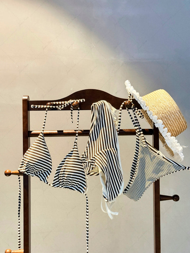 Brown Striped Cutout Tie Side Bikini Bottom Cheeky Swim Boyshorts