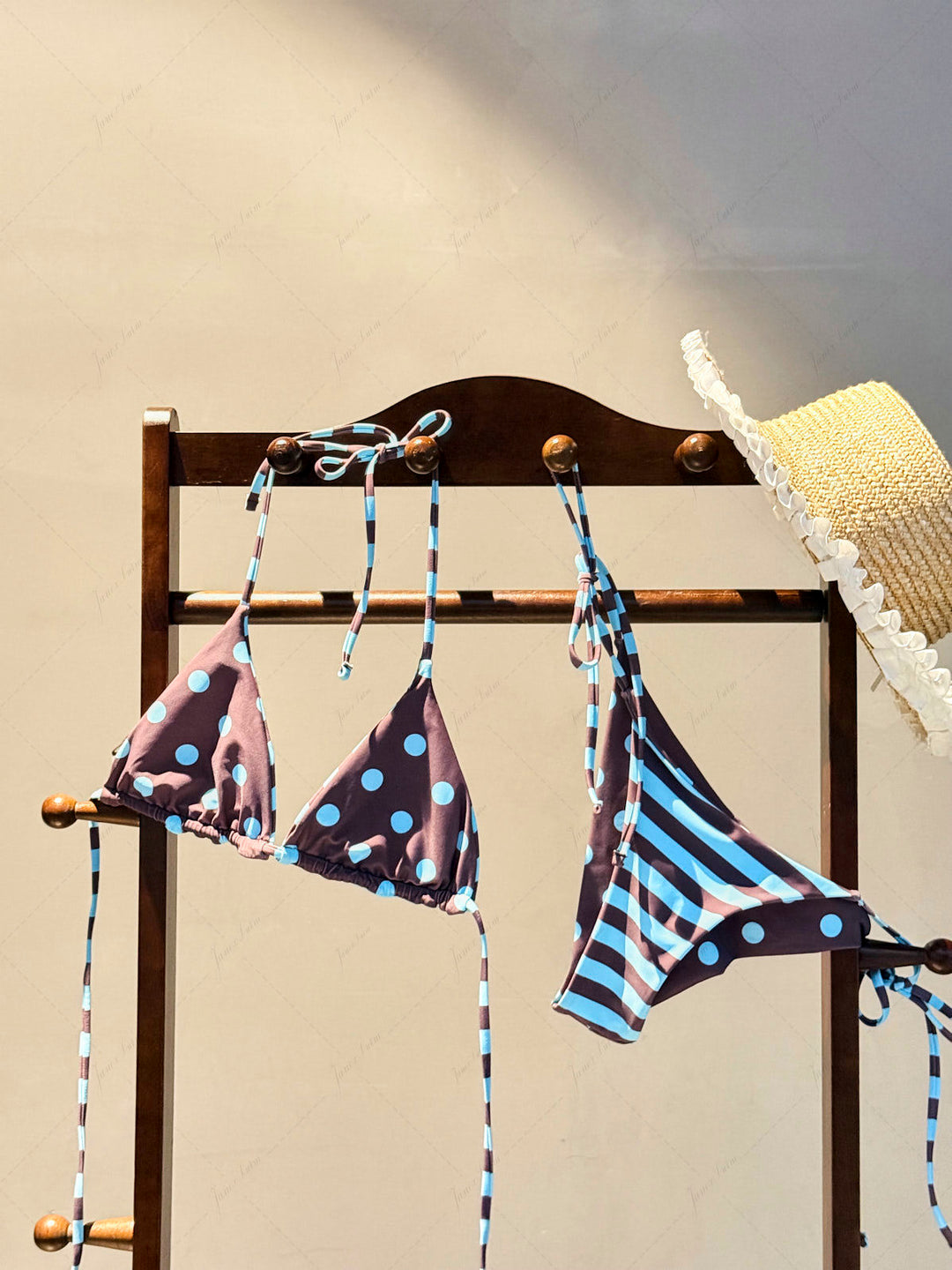 Coffee Striped Polka Dot Triangle Top & Cheeky Brazilian Bottom Reversible Bikini Set
