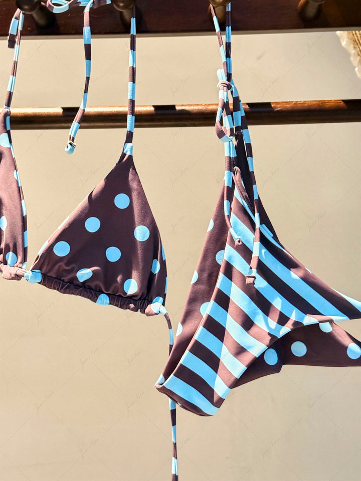 Coffee Striped Polka Dot Triangle Top & Cheeky Brazilian Bottom Reversible Bikini Set
