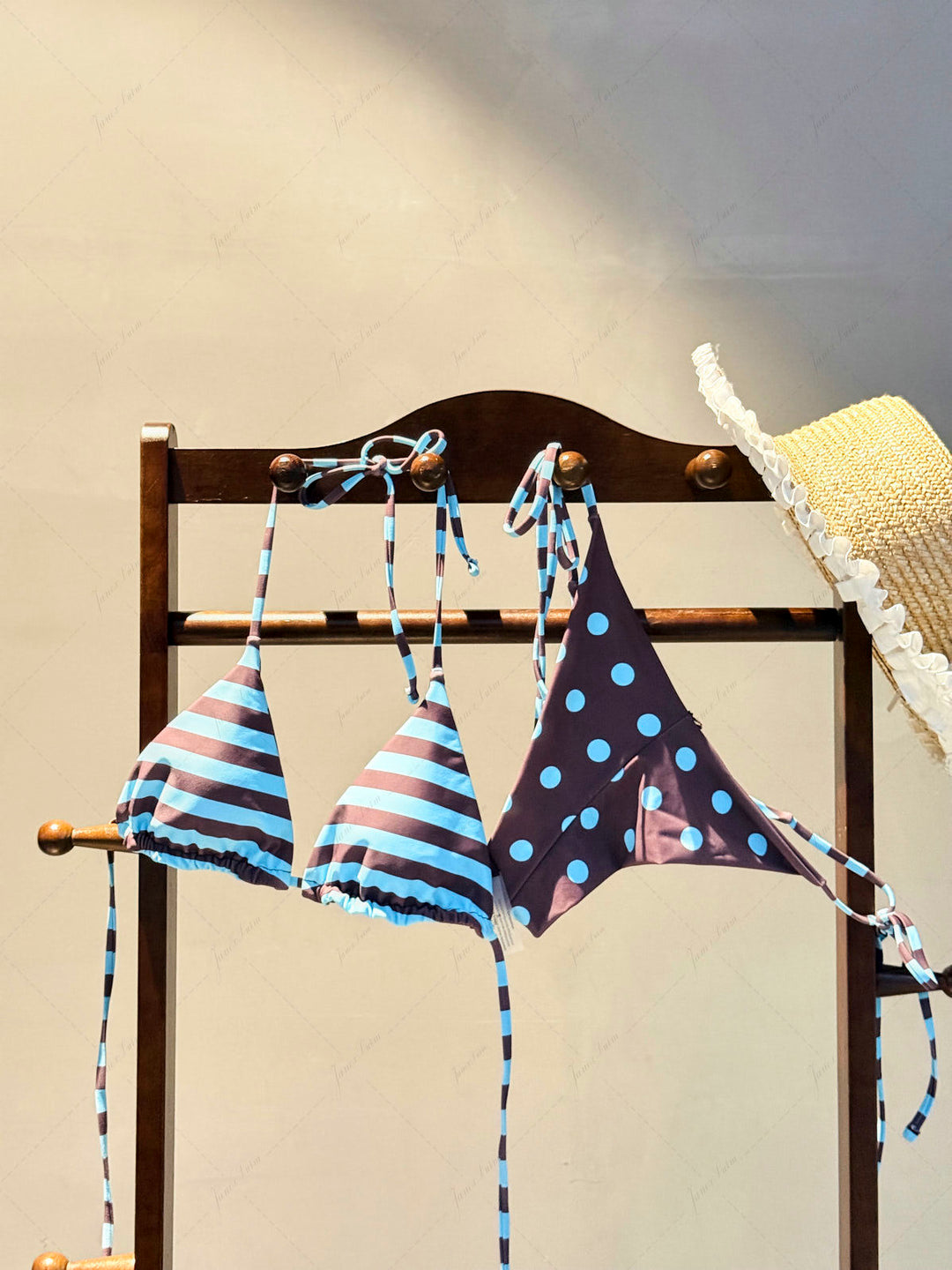 Coffee Striped Polka Dot Triangle Top & Cheeky Brazilian Bottom Reversible Bikini Set