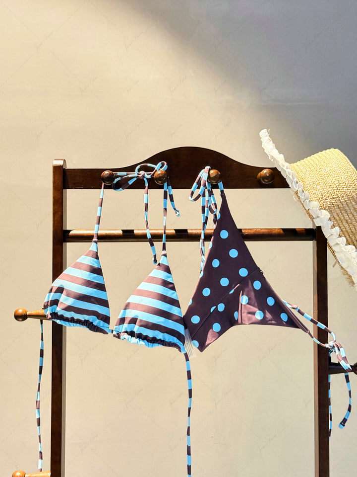 Coffee Striped Polka Dot Triangle Top & Cheeky Brazilian Bottom Reversible Bikini Set