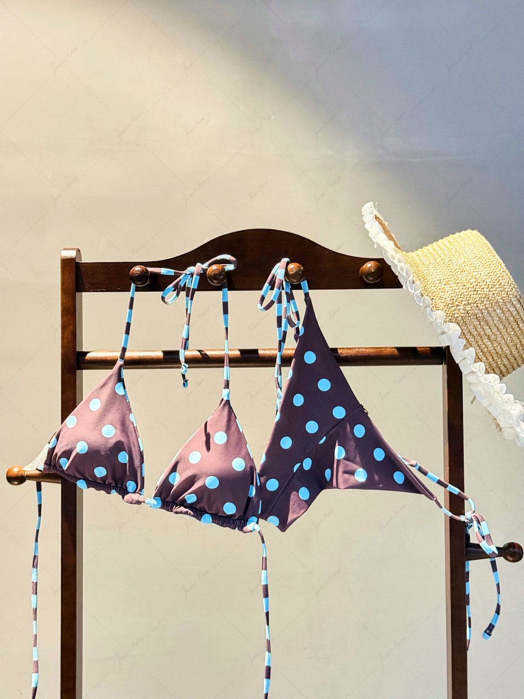 Coffee Striped Polka Dot Triangle Top & Cheeky Brazilian Bottom Reversible Bikini Set