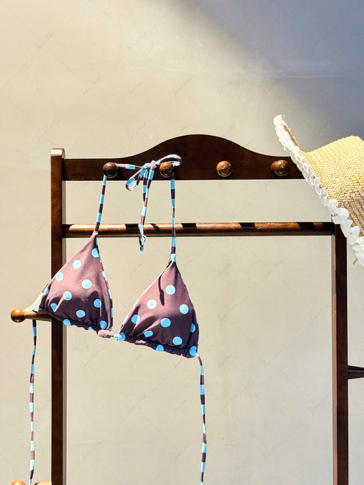 Coffee Striped Polka Dot Print Halter Triangle Reversible Bikini Top