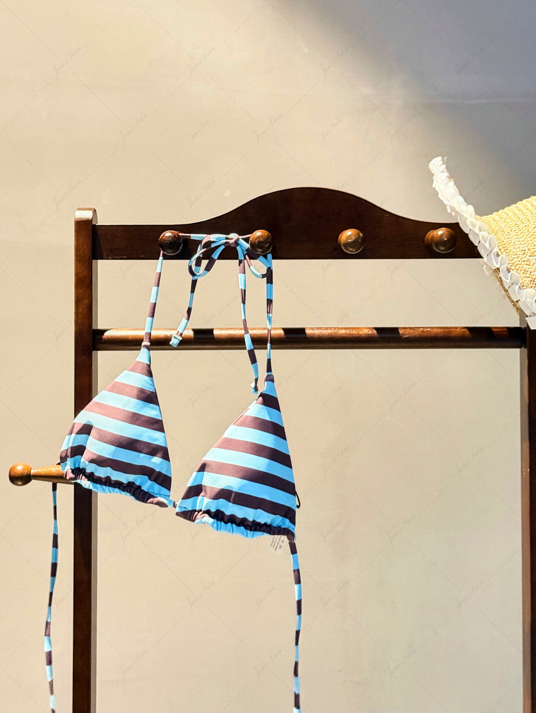 Coffee Striped Polka Dot Print Halter Triangle Reversible Bikini Top