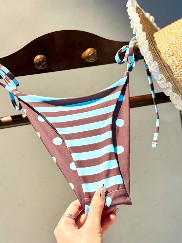Coffee Striped Polka Dot Print Reversible Cheeky Brazilian Bikini Bottom