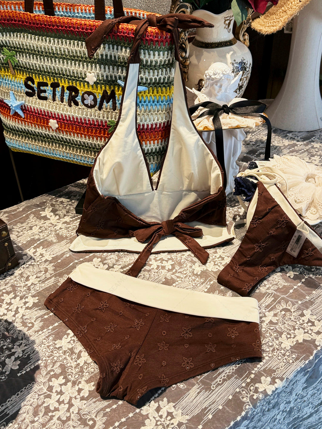Seamolly Recycled Fabric Jacquard Halter Tank Top & Cheeky Brazilian Bottom Tankini Set