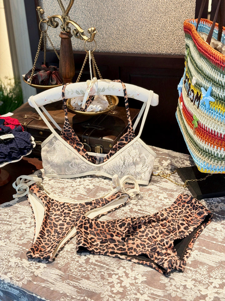Seamolly 3 Piece Leopard Print Contrast Lace Double Layer Cheeky Boyshort Bikini Set
