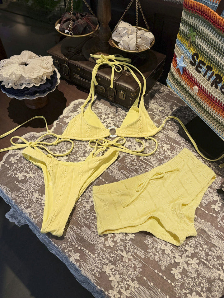 Seamolly 3 Piece Floral Jacquard Textured O Ring Double Layer Cheeky Boyshort Bikini Set