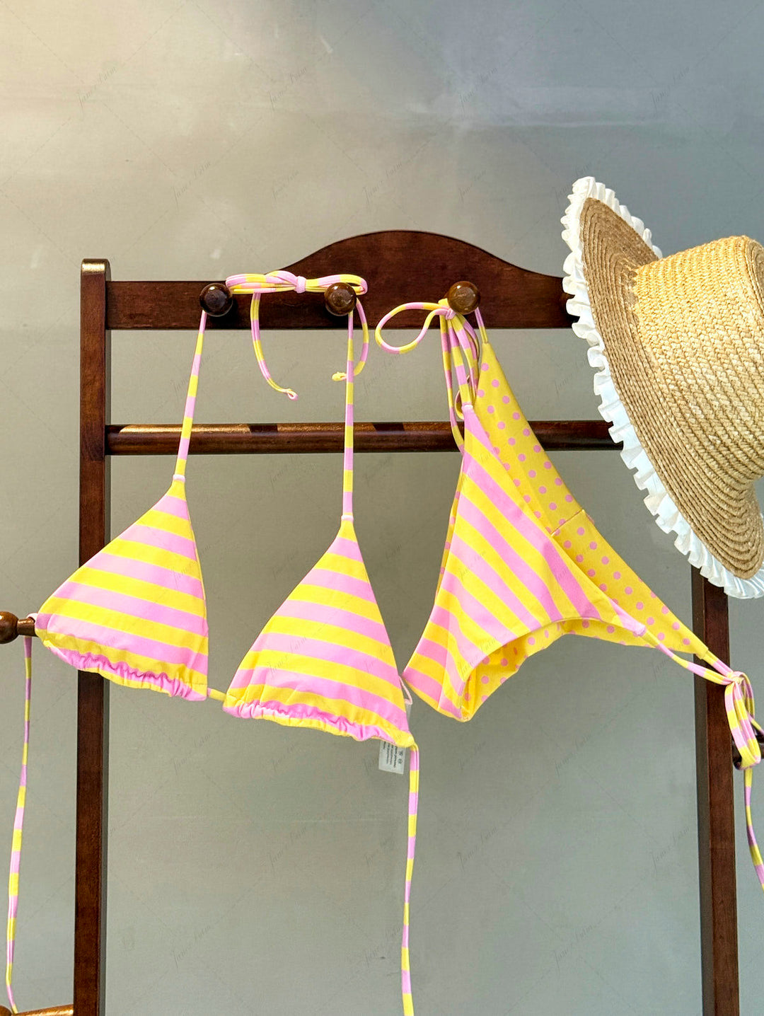 Yellow Striped Polka Dot Triangle Top & Cheeky Brazilian Bottom Reversible Bikini Set