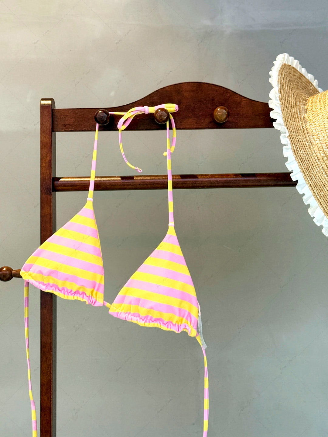 Yellow Striped Polka Dot Print Halter Triangle Reversible Bikini Top
