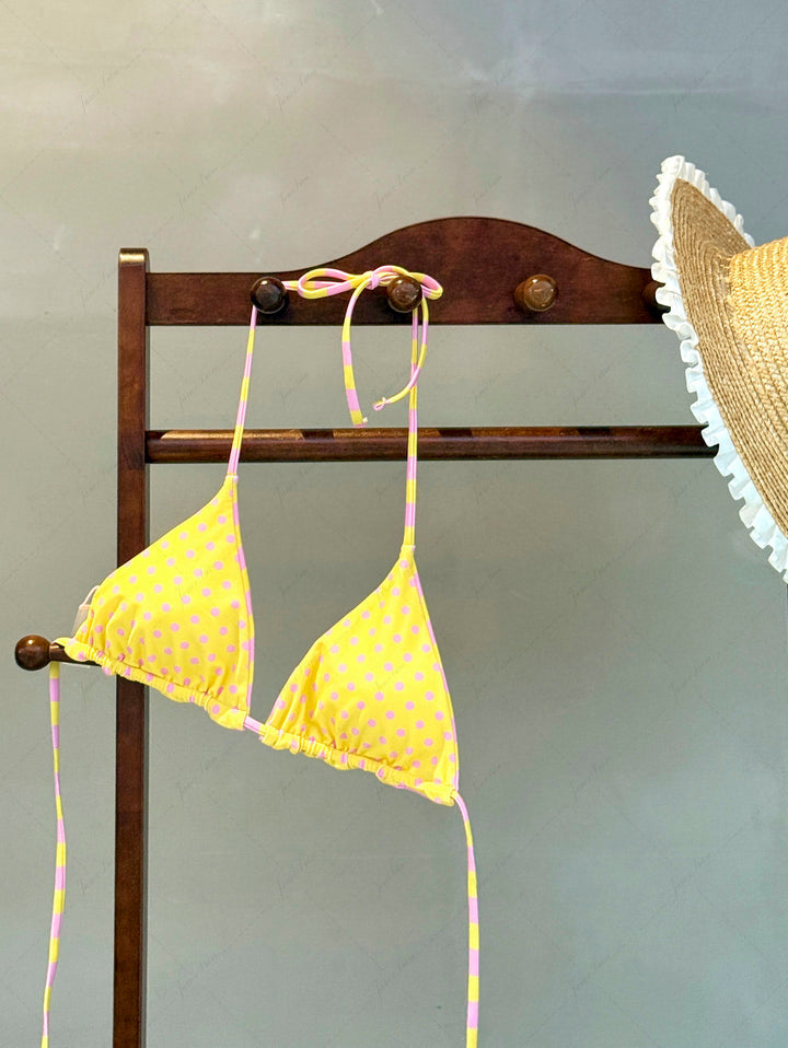 Yellow Striped Polka Dot Print Halter Triangle Reversible Bikini Top