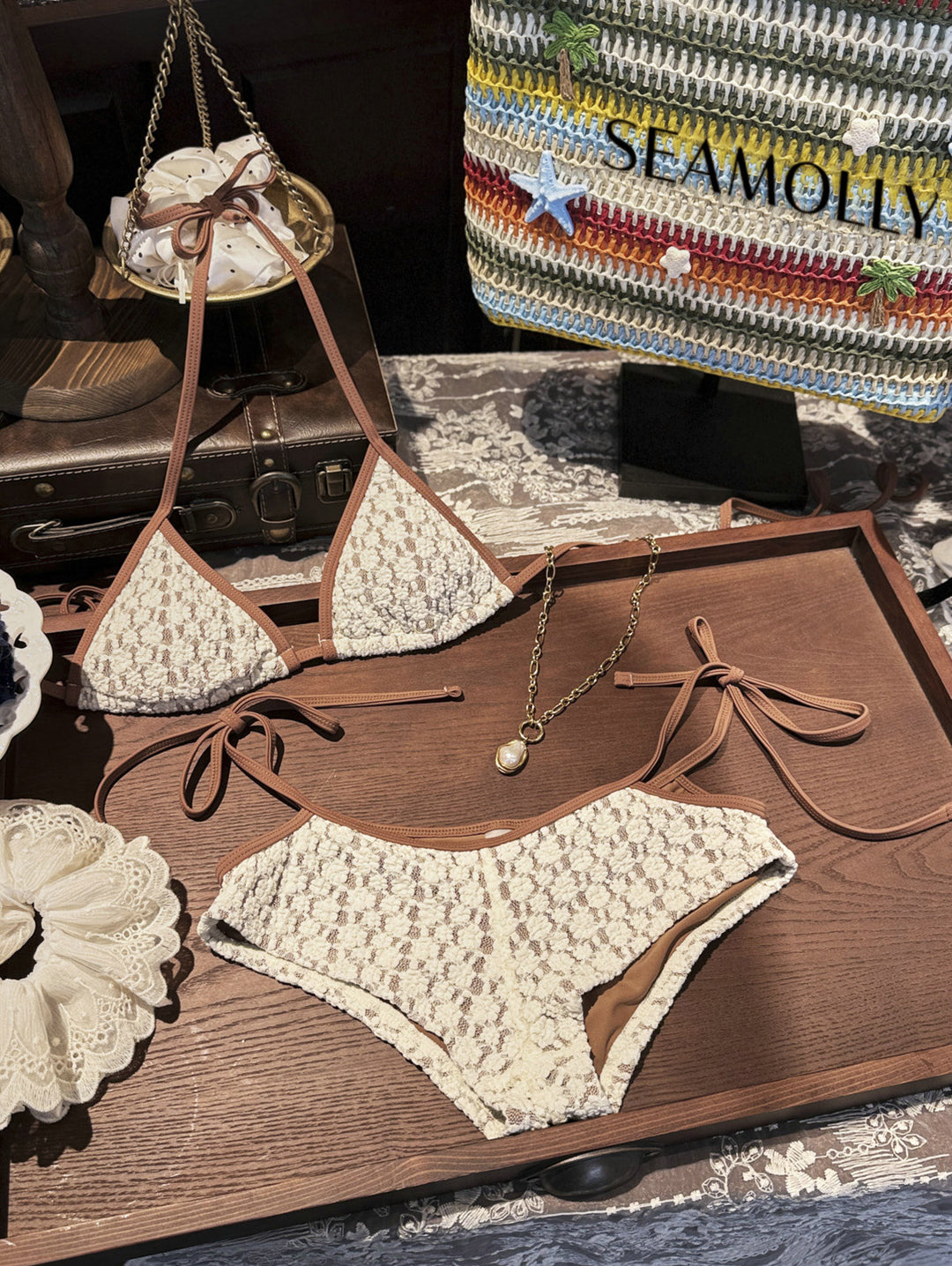 Seamolly Contrast Binding Lace Cutout Tied Side  Boyshorts Bikini Set