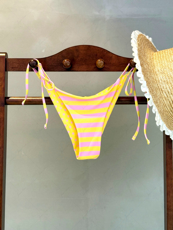 Yellow Striped Polka Dot Print Reversible Cheeky Brazilian Bikini Bottom