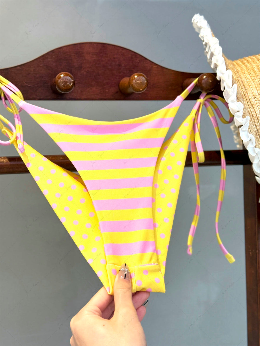 Yellow Striped Polka Dot Print Reversible Cheeky Brazilian Bikini Bottom