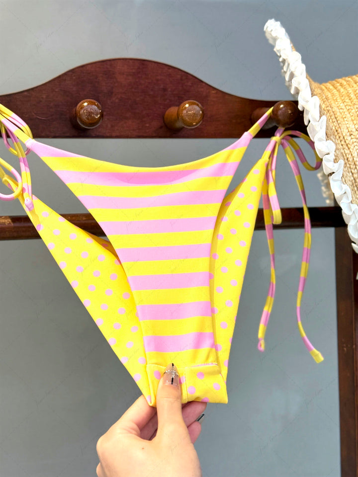 Yellow Striped Polka Dot Print Reversible Cheeky Brazilian Bikini Bottom