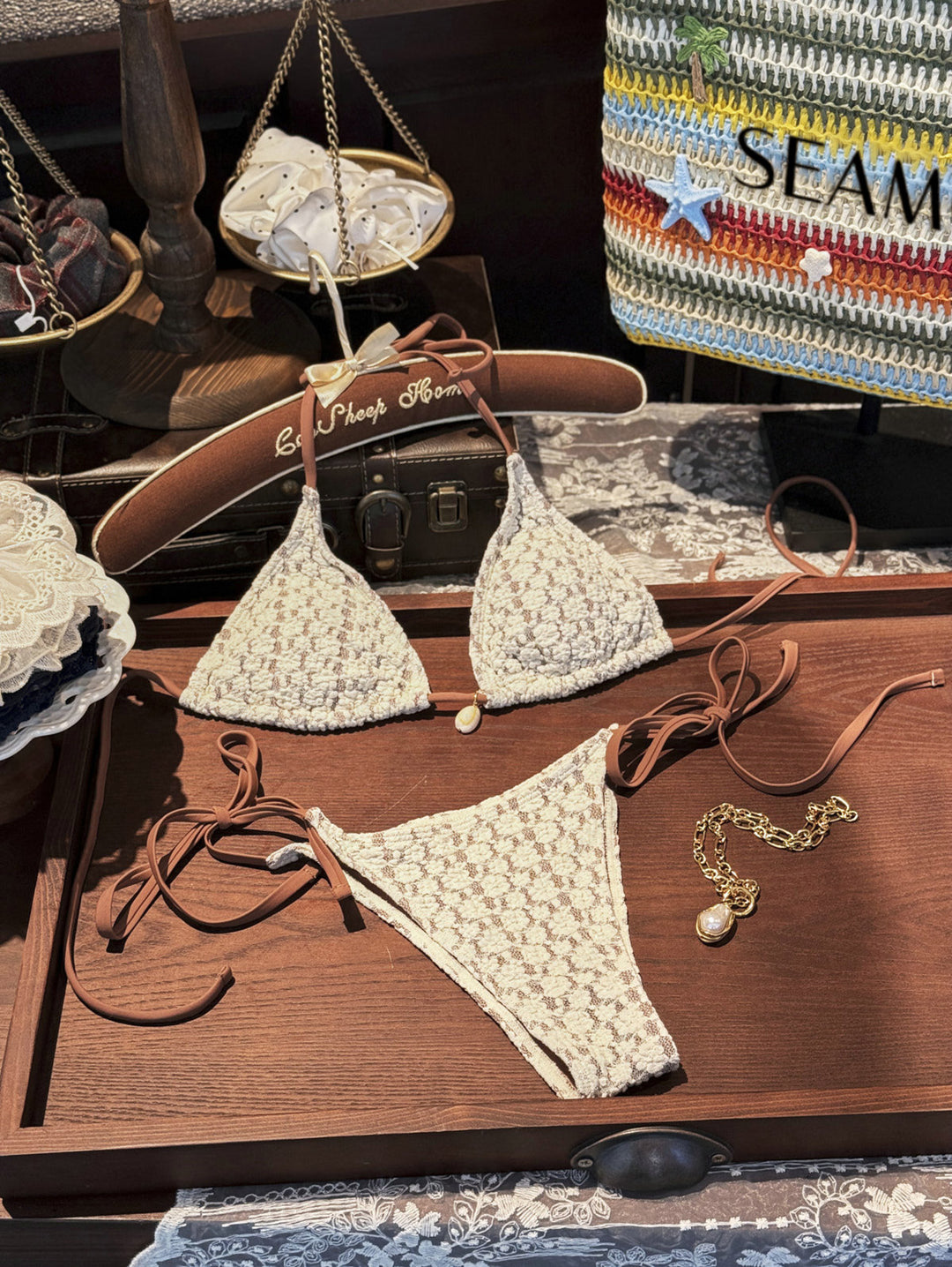 Seamolly Contrast Color Lace Shell Decor Halter Triangle Bikini Set