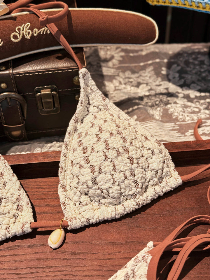 Seamolly Contrast Color Lace Shell Decor Halter Triangle Bikini Set