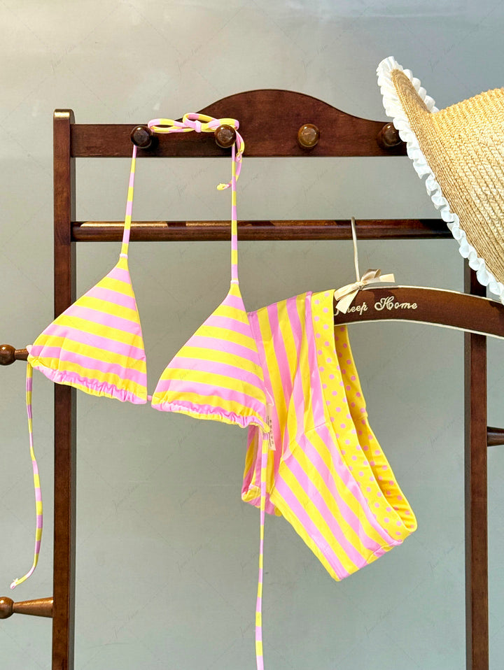 Yellow Striped Polka Dot Print Bikini Bottom Cheeky Swim Boyshorts