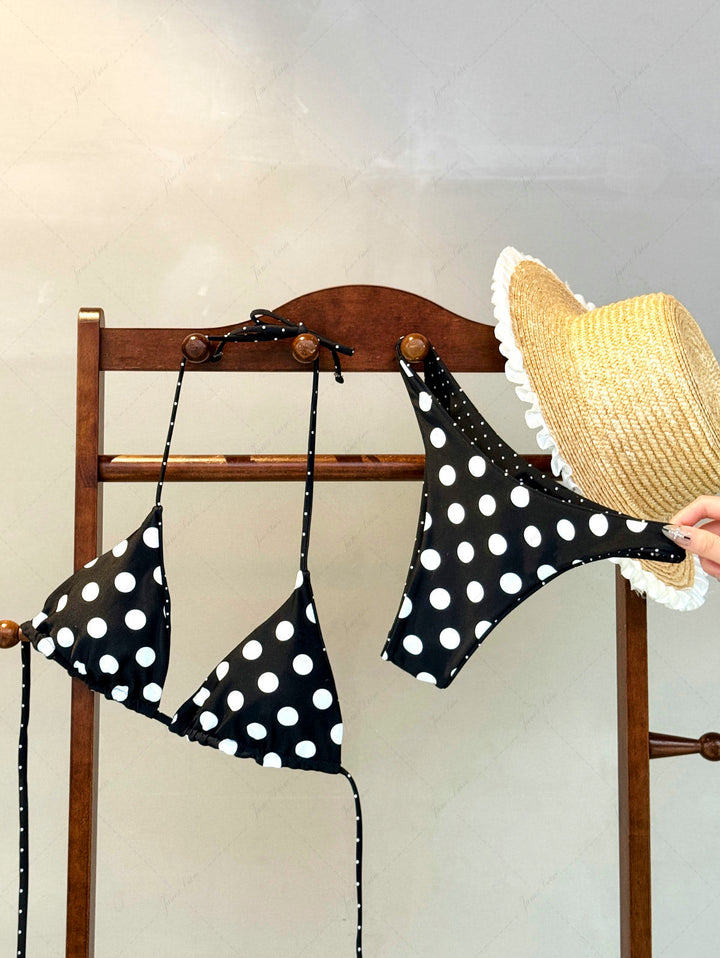 Black Polka Dot Print Halter Triangle Reversible Bikini Set