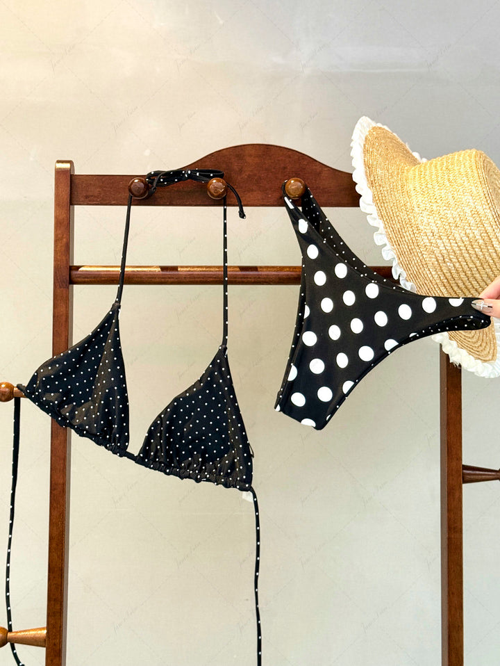 Black Polka Dot Print Halter Triangle Reversible Bikini Set